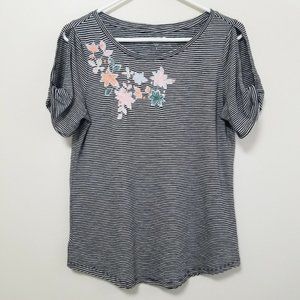 LOFT | Floral Embroidered Striped T-Shirt Tee S